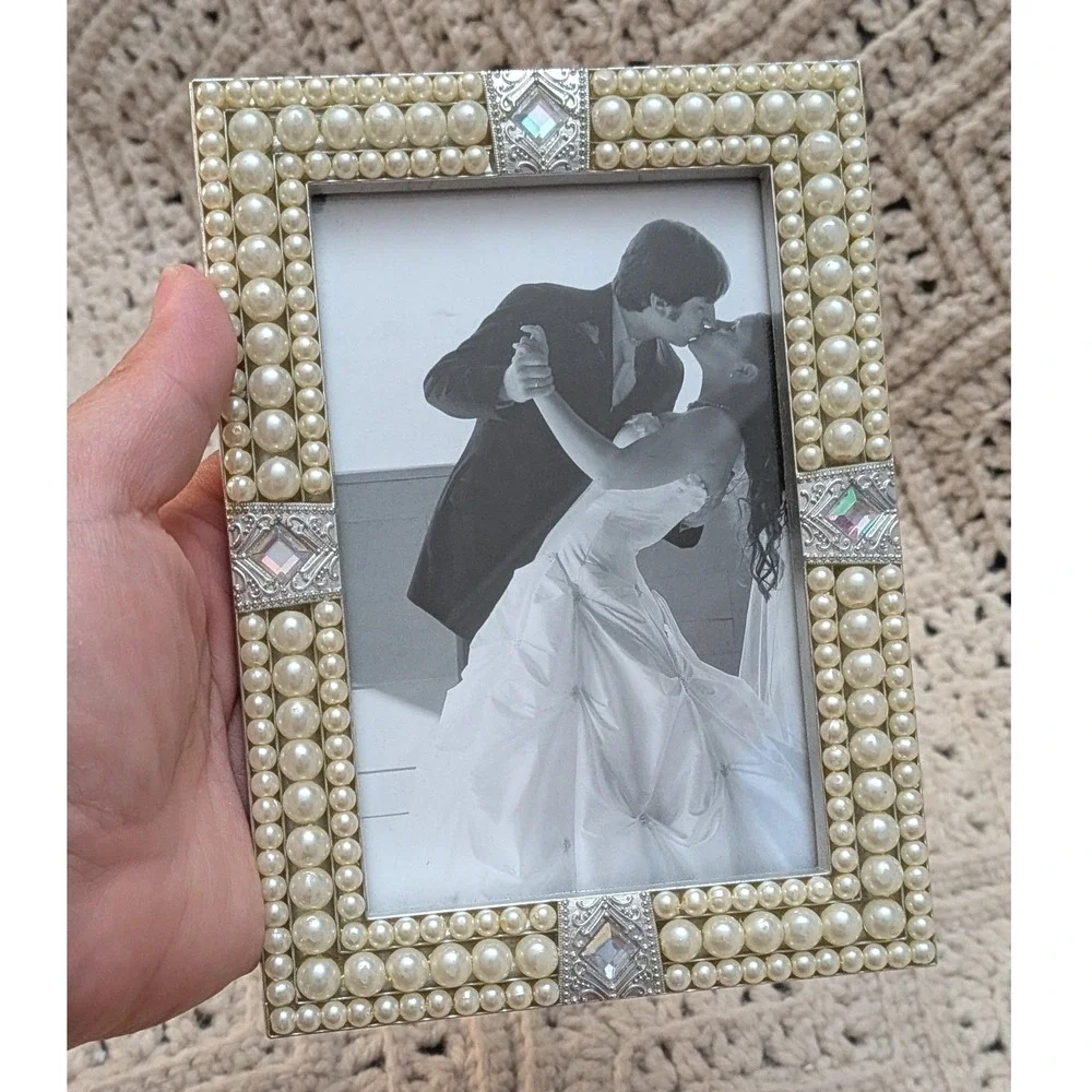 Pearl Rhinestone Picture Frame Silver Faux Pearl Wedding Decor Ornate Vintage
